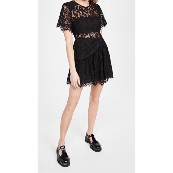 NEW Self-Portrait Fine Cord Short Sleeve Mini Dress Black Lace Size 8 - Picture 2 of 14